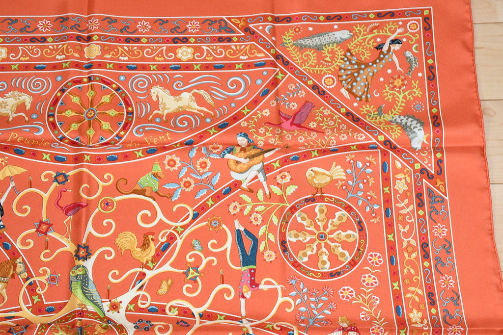 Hermes Scarf Peuple du Vent 90 cm Silk orange Carre wind bird 35"
