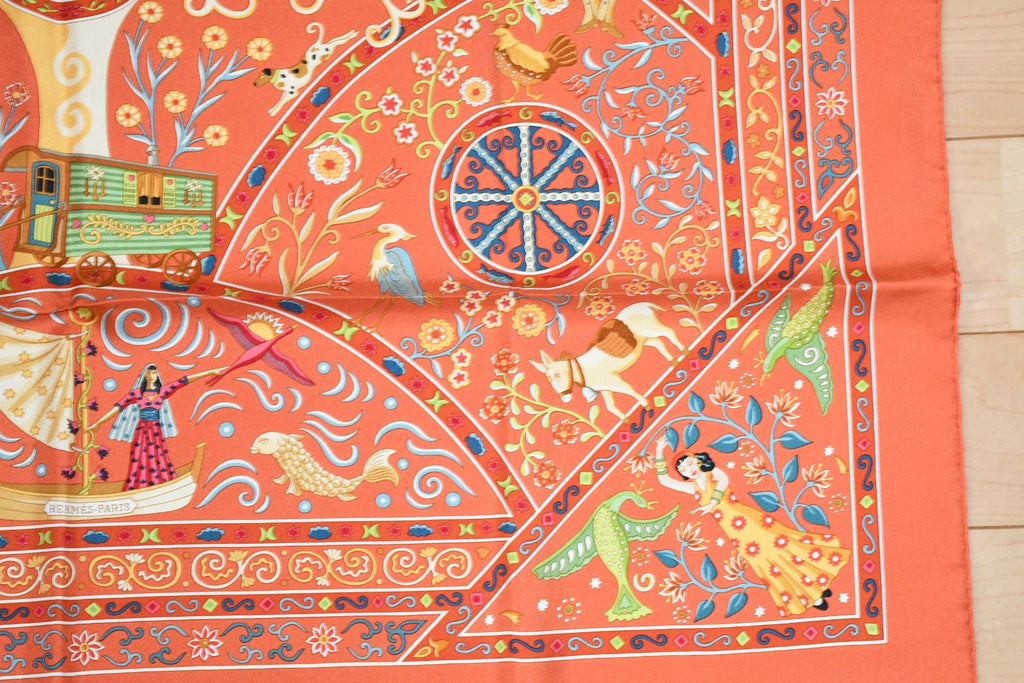 Hermes Scarf Peuple du Vent 90 cm Silk orange Carre wind bird 35"
