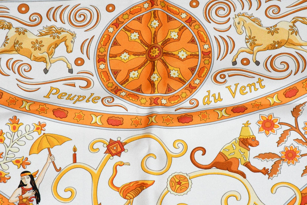 Hermes Scarf Peuple du Vent Silk 90 cm white orange wind Carre 35"