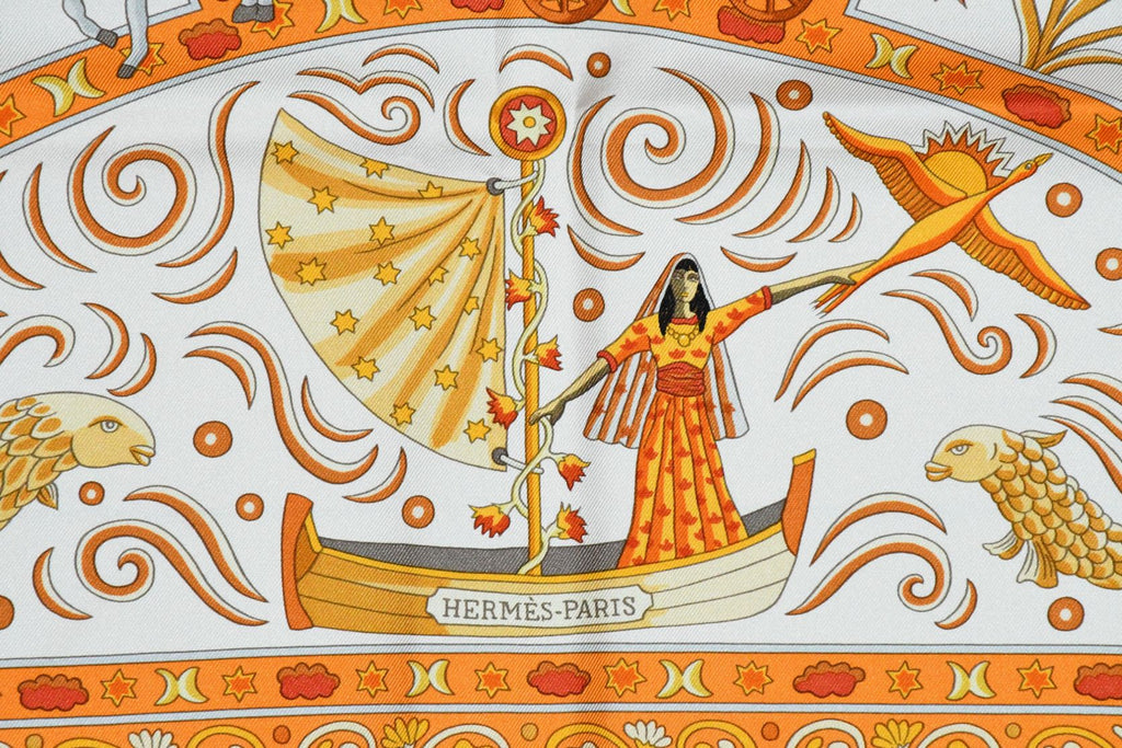 Hermes Scarf Peuple du Vent Silk 90 cm white orange wind Carre 35"