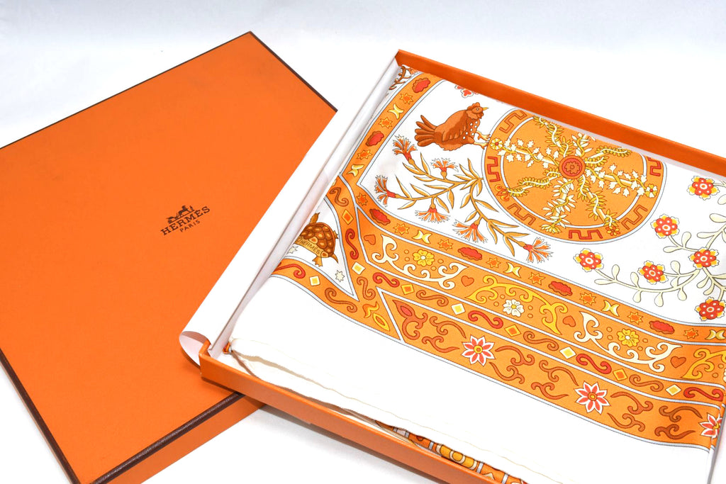 Hermes Scarf Peuple du Vent Silk 90 cm white orange wind Carre 35"