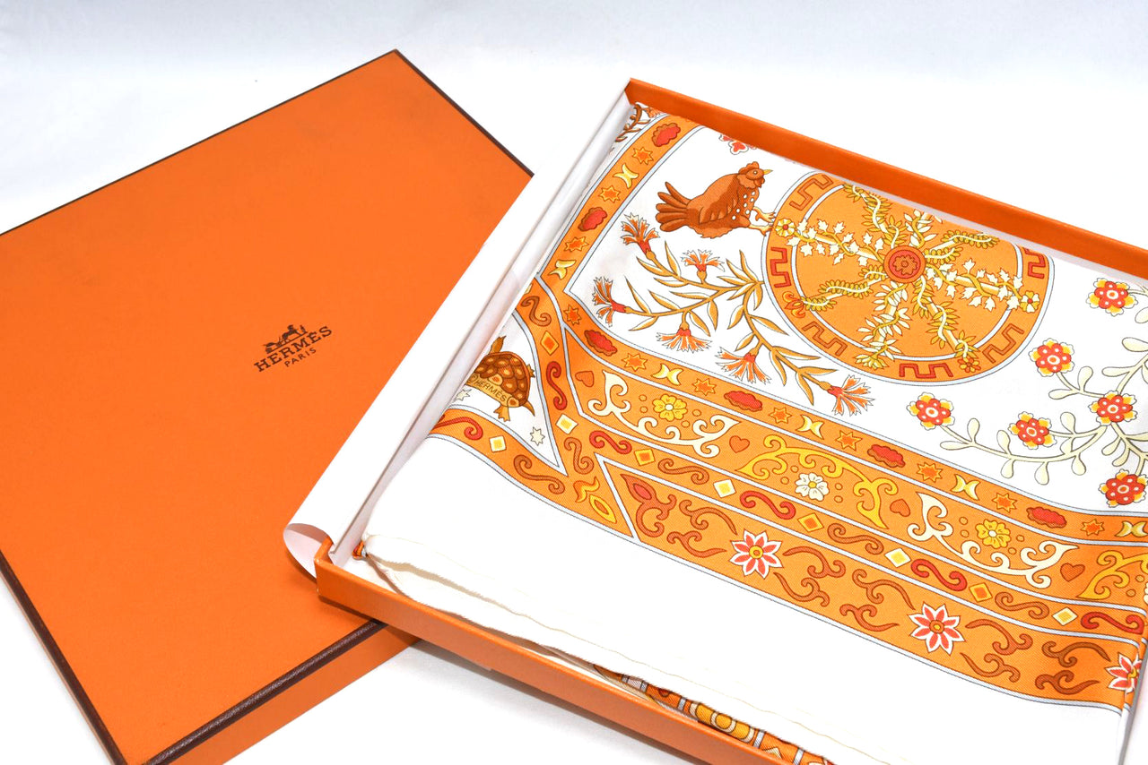 Hermes Scarf Peuple du Vent Silk 90 cm white orange wind Carre 35"