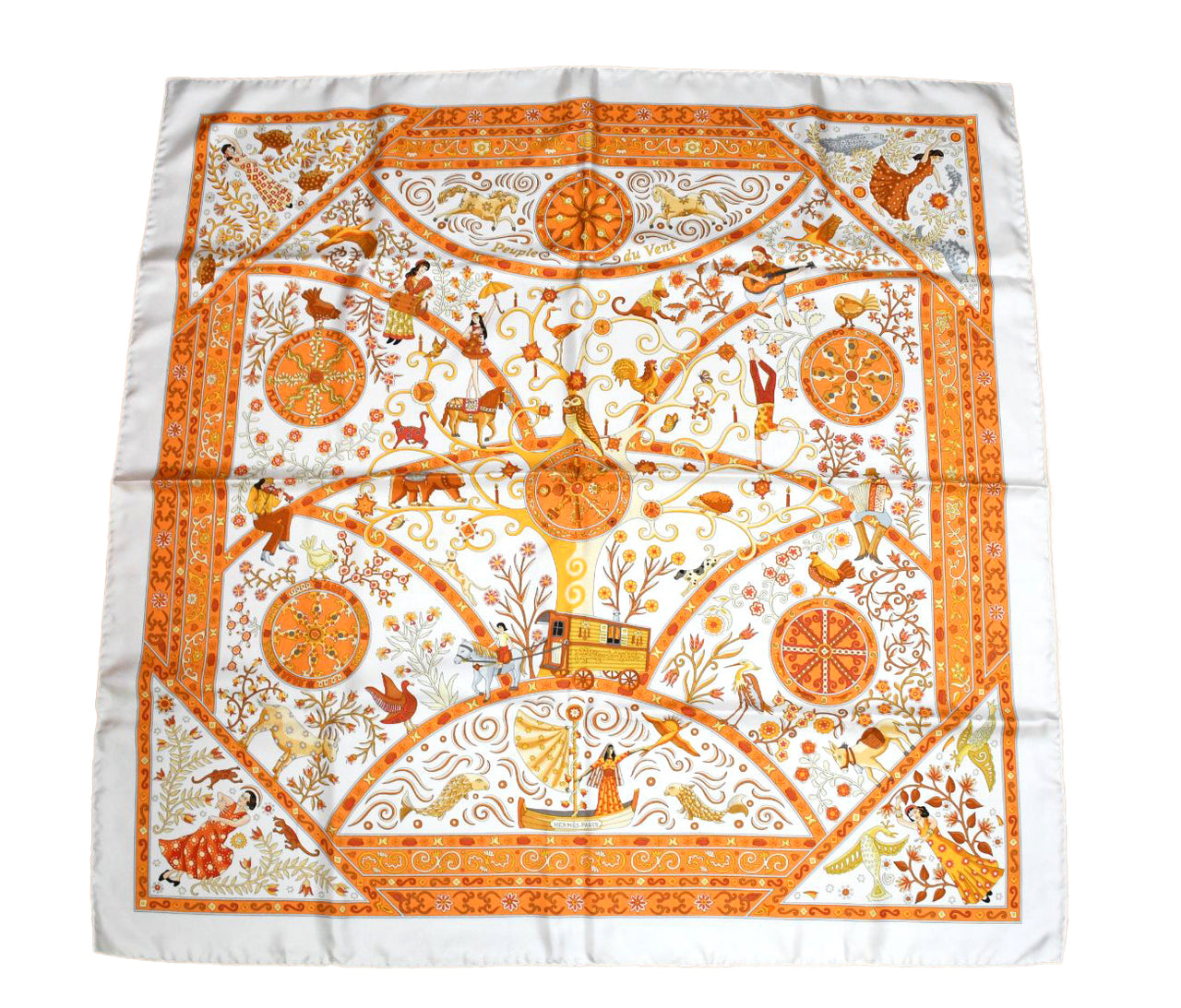 Hermes Scarf Peuple du Vent Silk 90 cm white orange wind Carre 35"