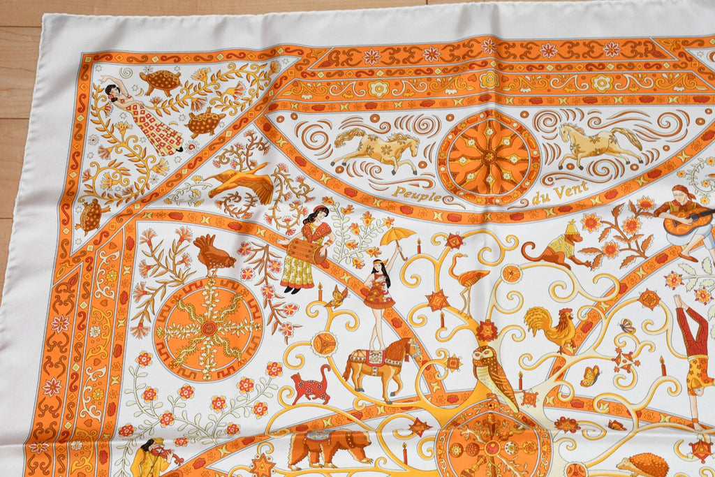 Hermes Scarf Peuple du Vent Silk 90 cm white orange wind Carre 35"