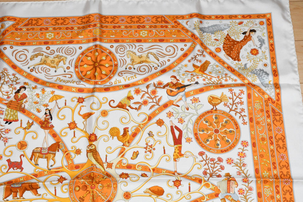Hermes Scarf Peuple du Vent Silk 90 cm white orange wind Carre 35"