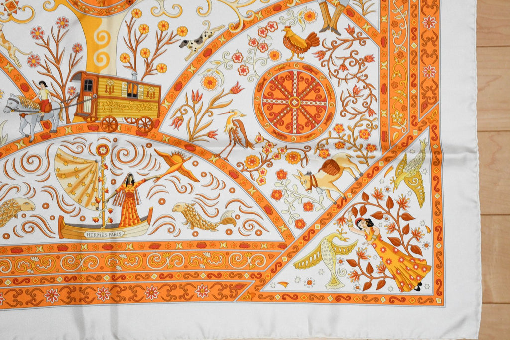 Hermes Scarf Peuple du Vent Silk 90 cm white orange wind Carre 35"