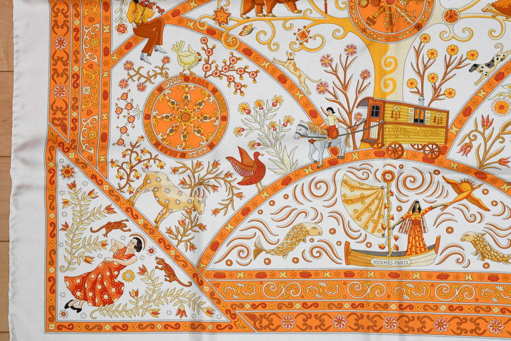 Hermes Scarf Peuple du Vent Silk 90 cm white orange wind Carre 35"