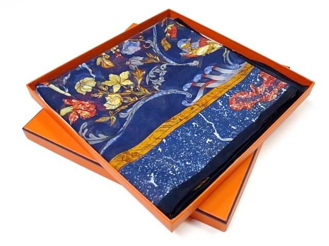 Hermes Scarf Pierres d'Orient et d'Occident 90 cm Chiffon Silk mousseline Blue 35"