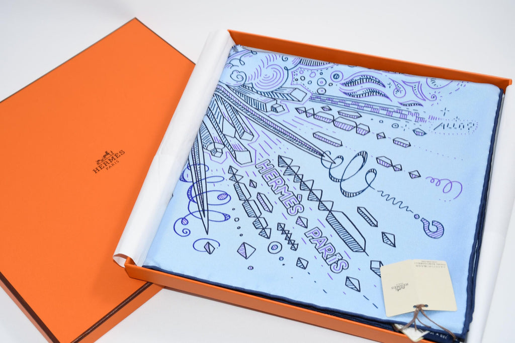 Hermes Scarf Please Hold The Line 90 cm silk blue Carre phone horse 35"