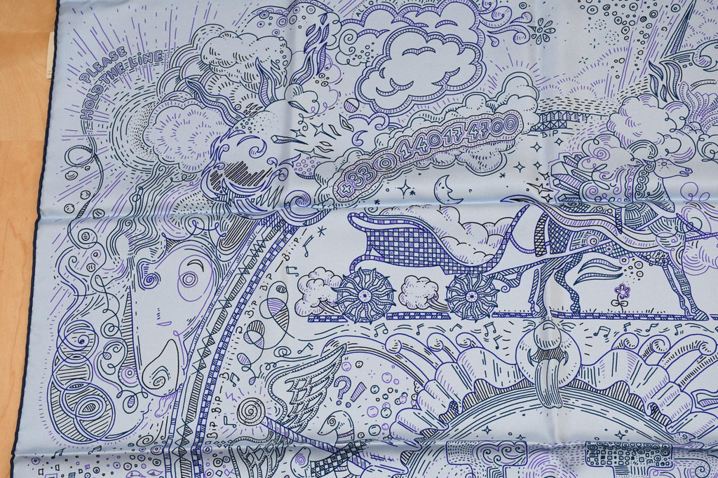 Hermes Scarf Please Hold The Line 90 cm silk blue Carre phone horse 35"