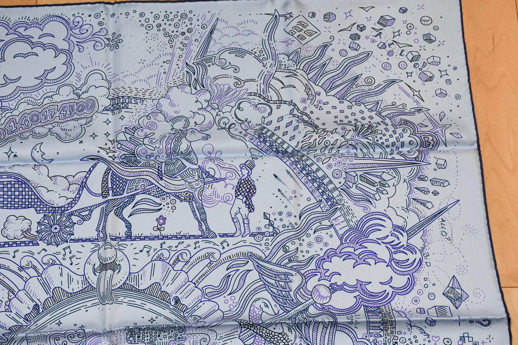Hermes Scarf Please Hold The Line 90 cm silk blue Carre phone horse 35"