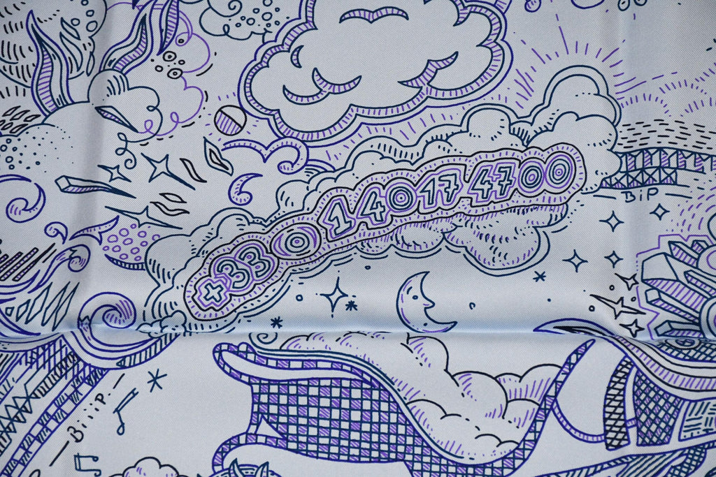 Hermes Scarf Please Hold The Line 90 cm silk blue Carre phone horse 35"