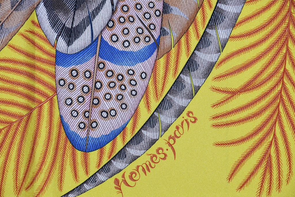 Hermes Scarf Plumes en Fete 90 cm silk yellow Carre bird feather 35"
