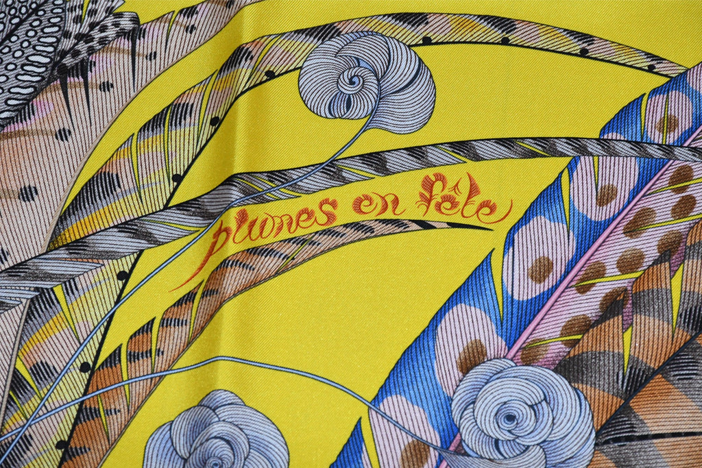 Hermes Scarf Plumes en Fete 90 cm silk yellow Carre bird feather 35"