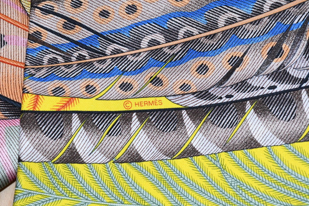Hermes Scarf Plumes en Fete 90 cm silk yellow Carre bird feather 35"