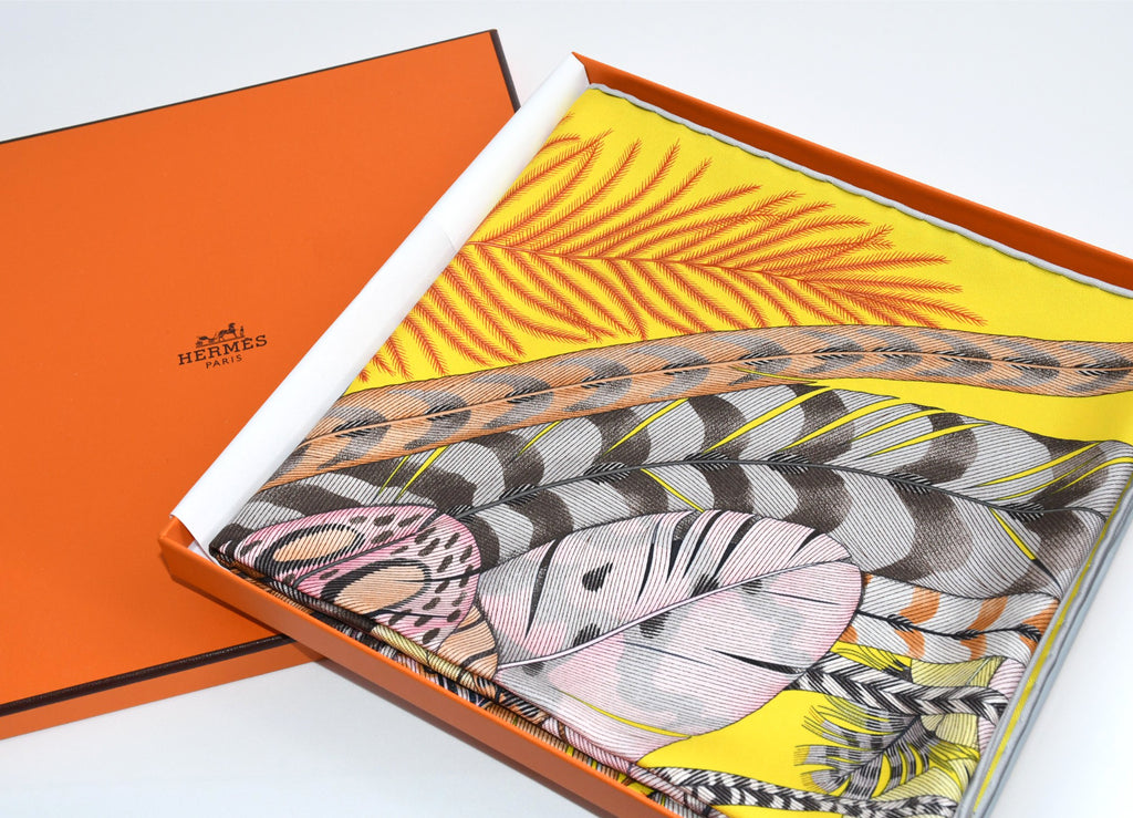 Hermes Scarf Plumes en Fete 90 cm silk yellow Carre bird feather 35"