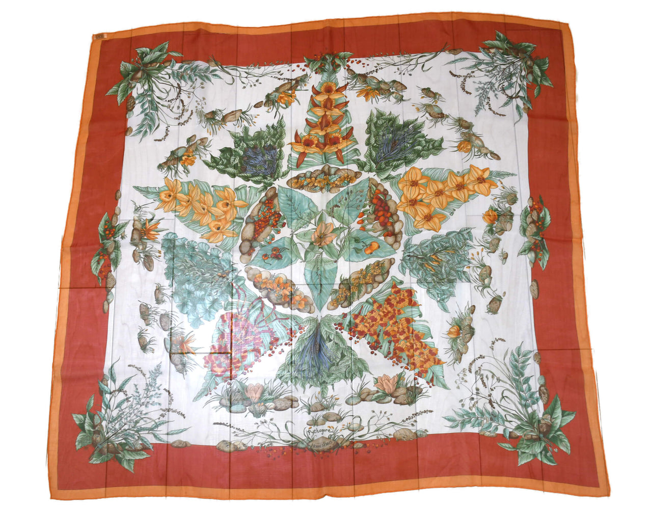 Hermes Scarf Pythagore 90 cm Chiffon Silk mousseline flower star muslin 35"