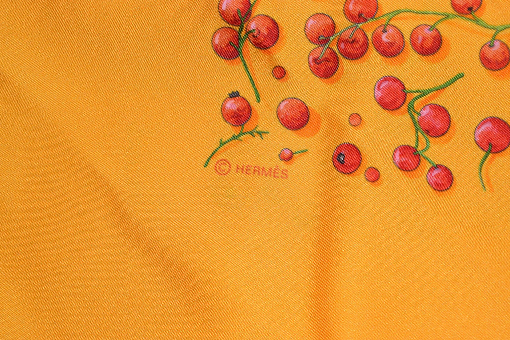Hermes Scarf Red Berries by Leigh P Cooke Silk 90 cm Orange fruits polka dot