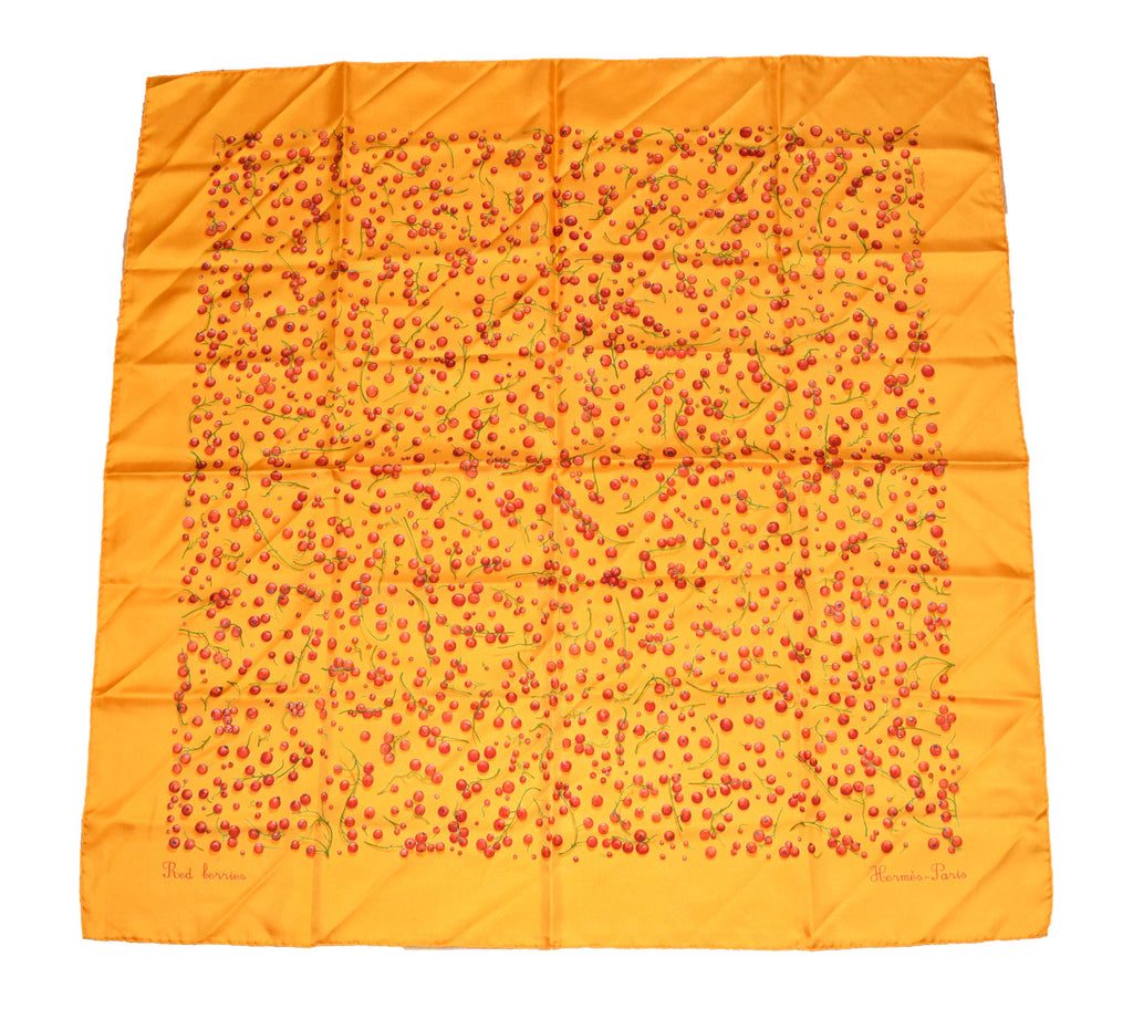Hermes Scarf Red Berries by Leigh P Cooke Silk 90 cm Orange fruits polka dot
