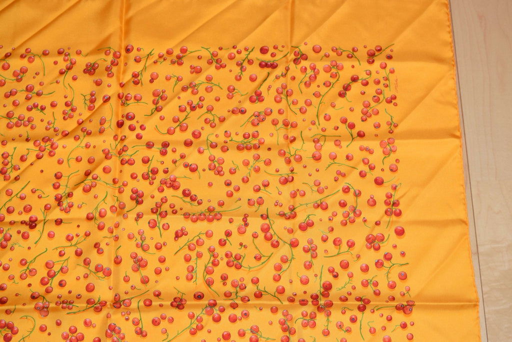 Hermes Scarf Red Berries by Leigh P Cooke Silk 90 cm Orange fruits polka dot