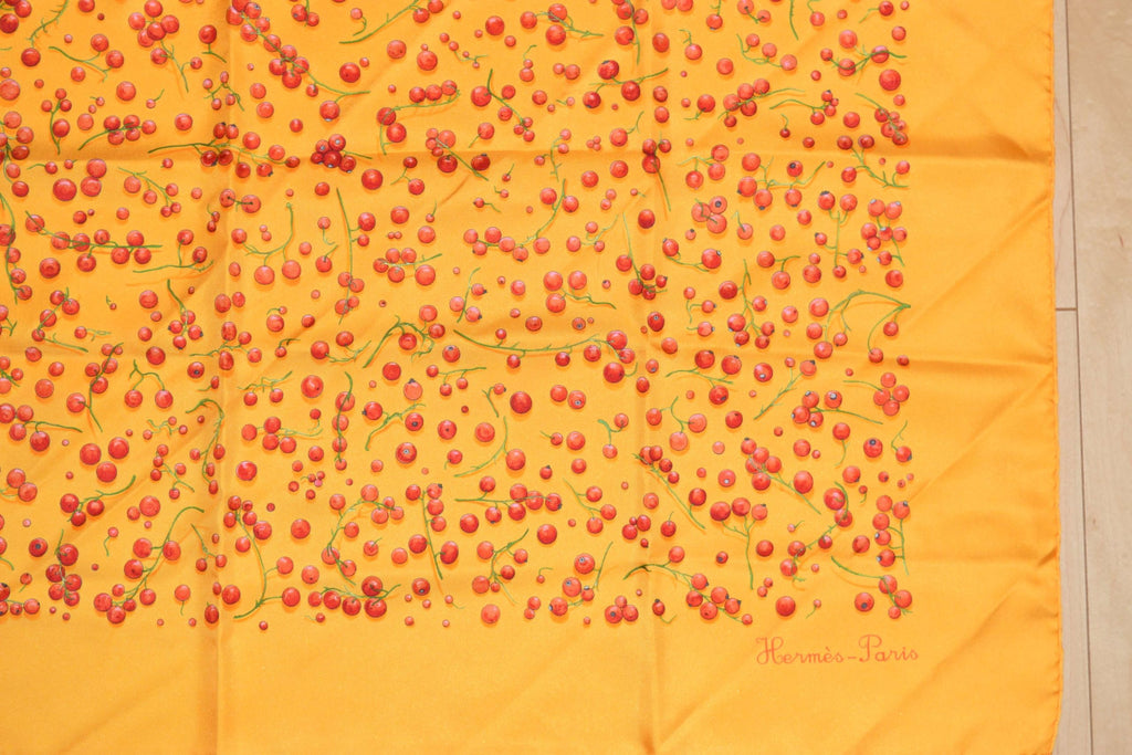 Hermes Scarf Red Berries by Leigh P Cooke Silk 90 cm Orange fruits polka dot