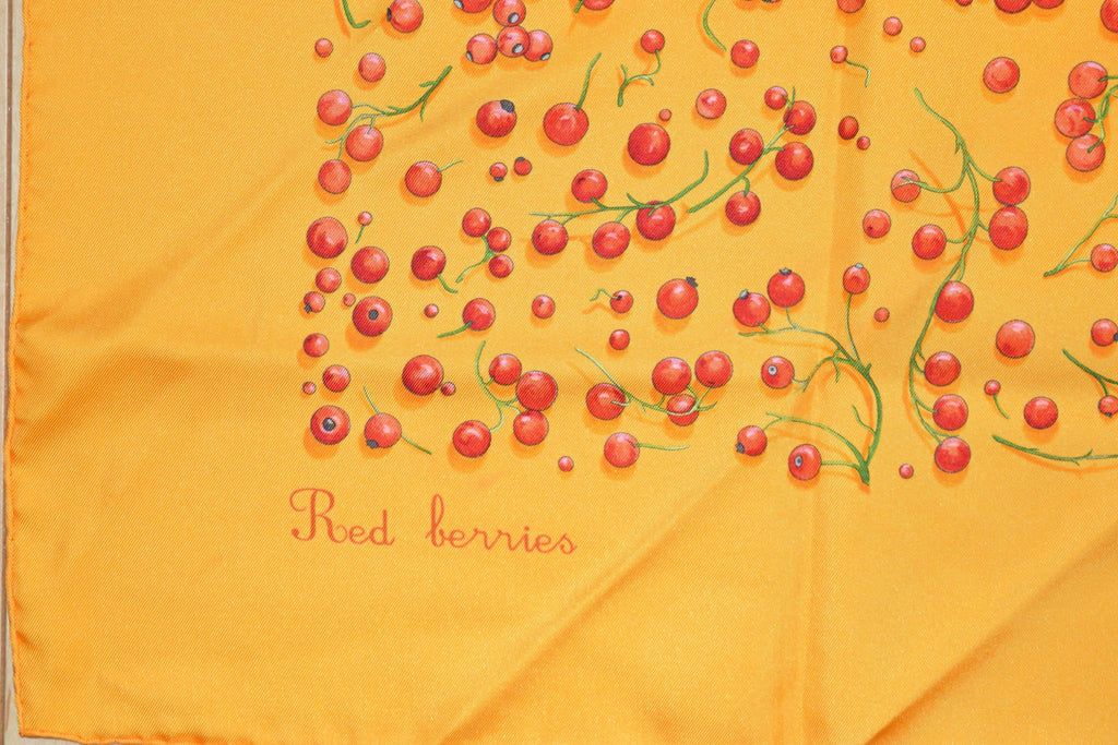 Hermes Scarf Red Berries by Leigh P Cooke Silk 90 cm Orange fruits polka dot