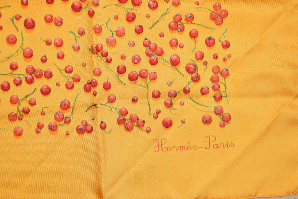 Hermes Scarf Red Berries by Leigh P Cooke Silk 90 cm Orange fruits polka dot