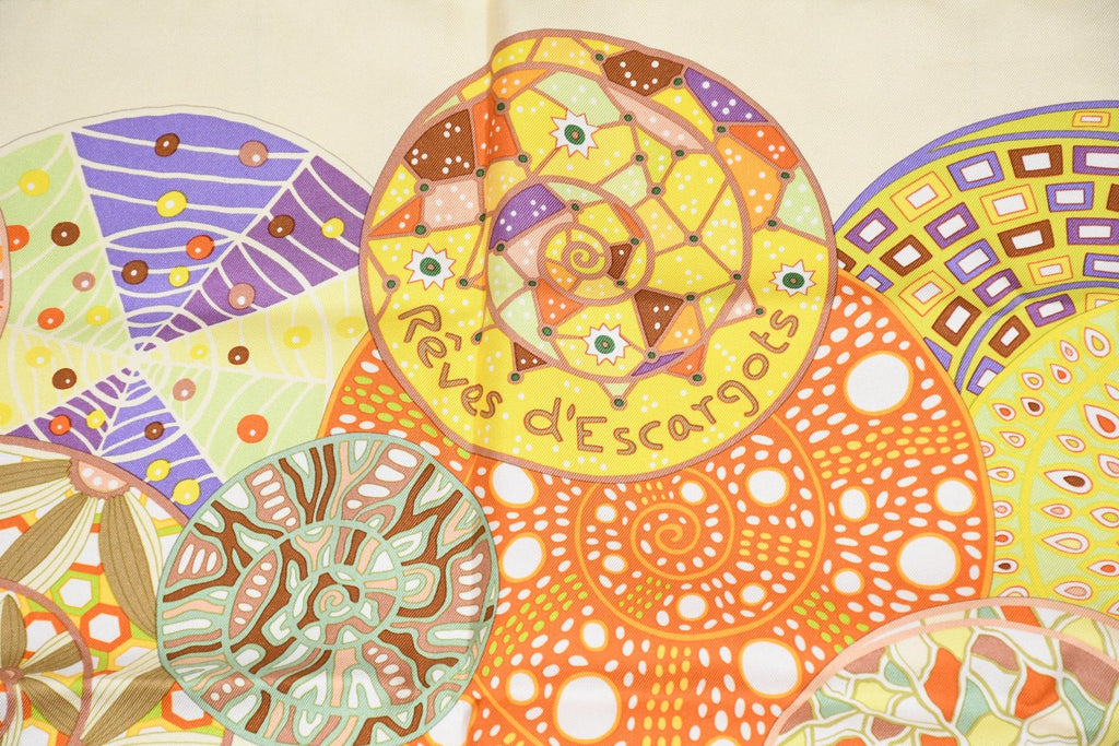 Hermes Scarf Reves d'Escargots 90 cm silk yellow cream snail dream Carre