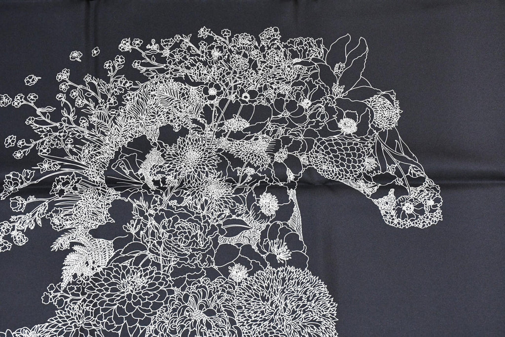 Hermes Scarf Robe Legere 90 cm silk black Carre flower horse 35" New w/ Tag