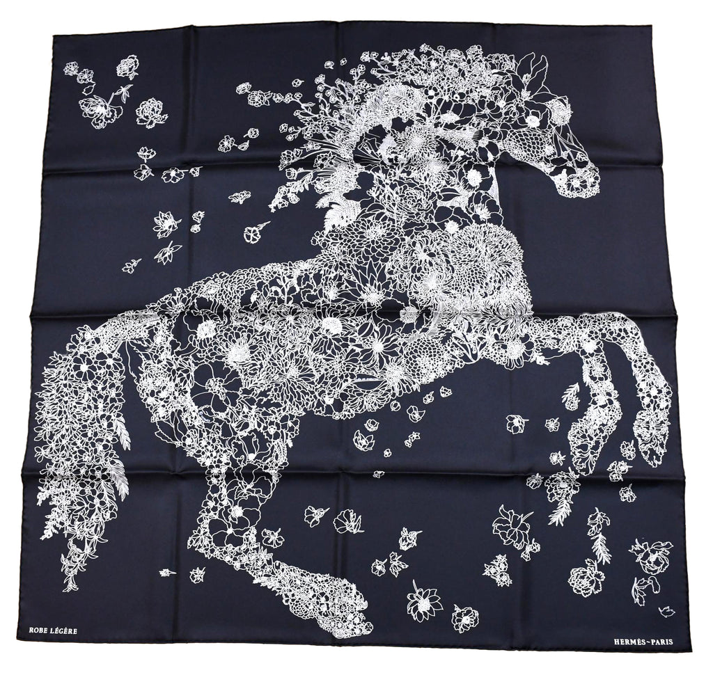Hermes Scarf Robe Legere 90 cm silk black Carre flower horse 35" New w/ Tag