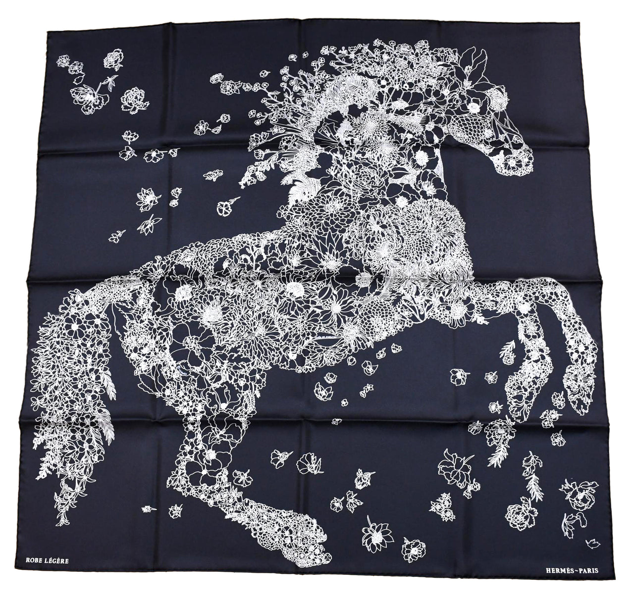 Hermes Scarf Robe Legere 90 cm silk black Carre flower horse 35" New w/ Tag