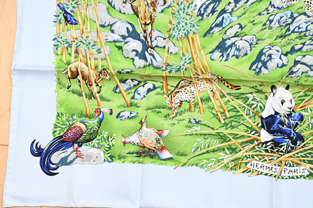 Hermes Scarf SICHUAN 90 cm by Robert Dallet cream light blue Carre Panda animal bird