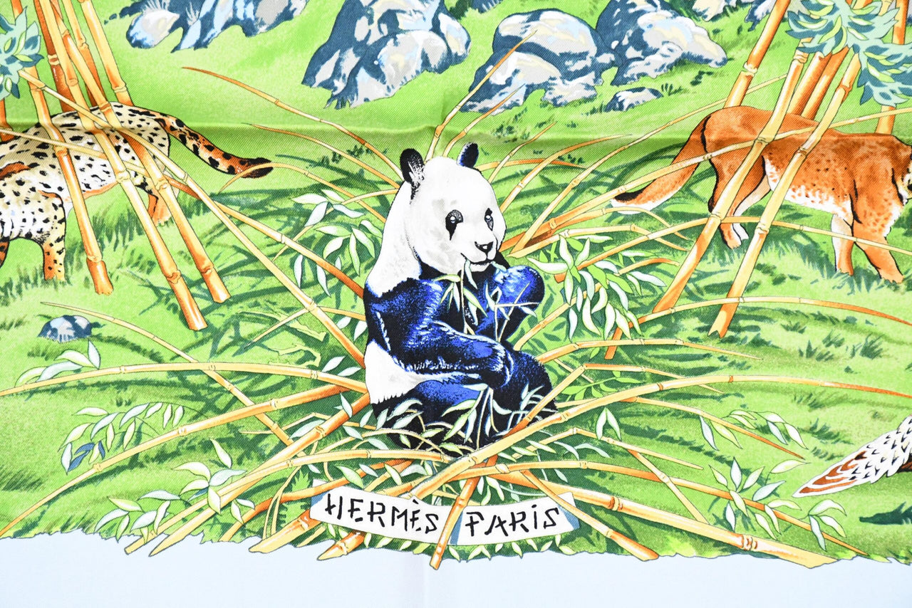 Hermes Scarf SICHUAN 90 cm by Robert Dallet cream light blue Carre Panda animal bird