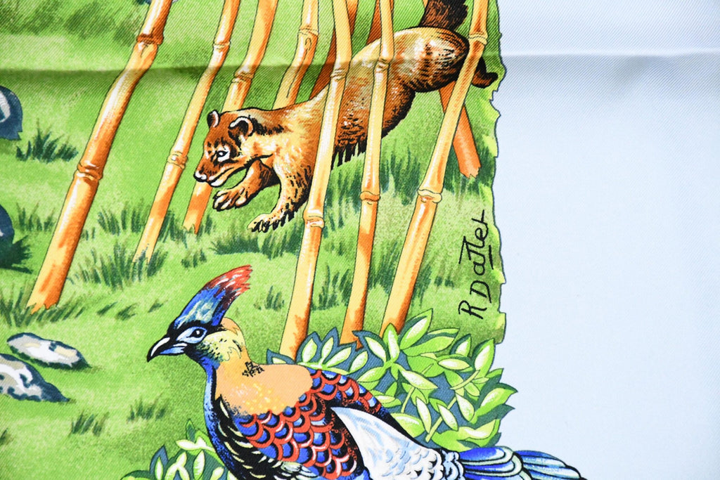 Hermes Scarf SICHUAN 90 cm by Robert Dallet cream light blue Carre Panda animal bird