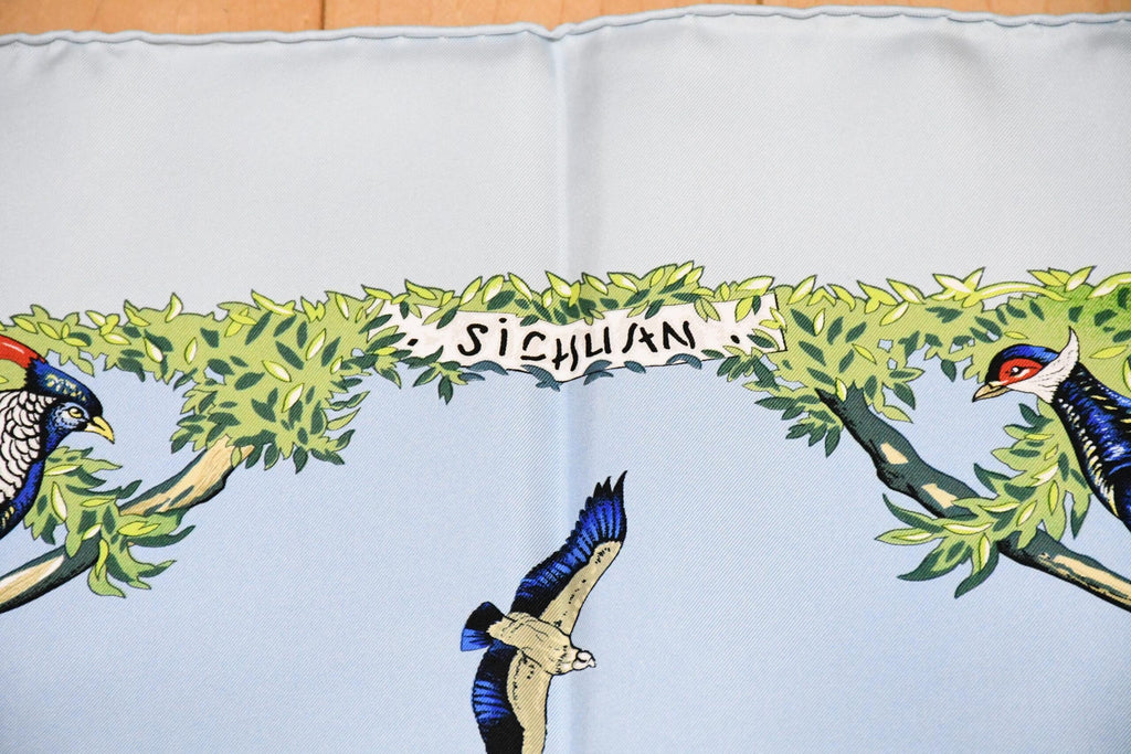Hermes Scarf SICHUAN 90 cm by Robert Dallet cream light blue Carre Panda animal bird