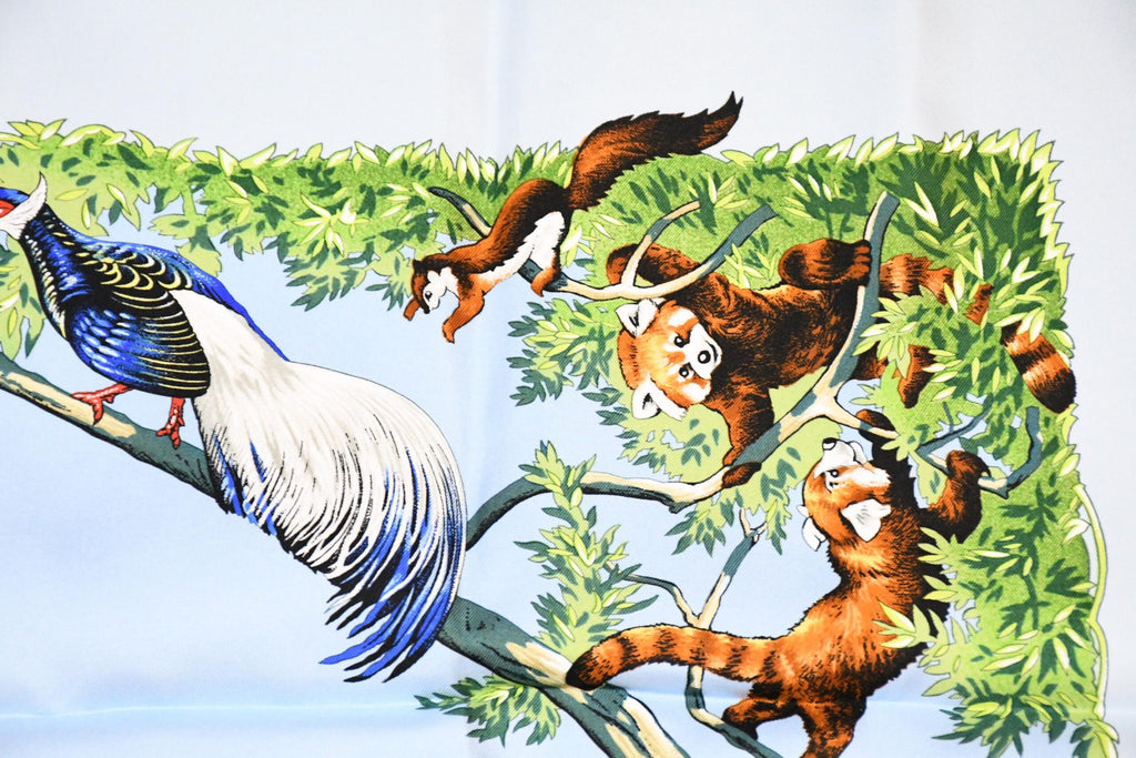 Hermes Scarf SICHUAN 90 cm by Robert Dallet cream light blue Carre Panda animal bird