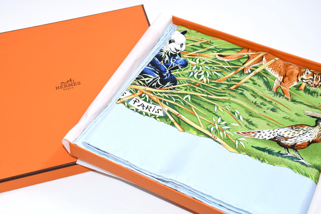 Hermes Scarf SICHUAN 90 cm by Robert Dallet cream light blue Carre Panda animal bird