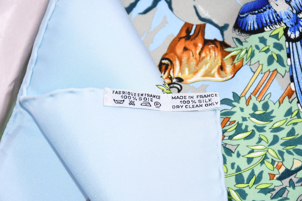 Hermes Scarf SICHUAN 90 cm by Robert Dallet cream light blue Carre Panda animal bird