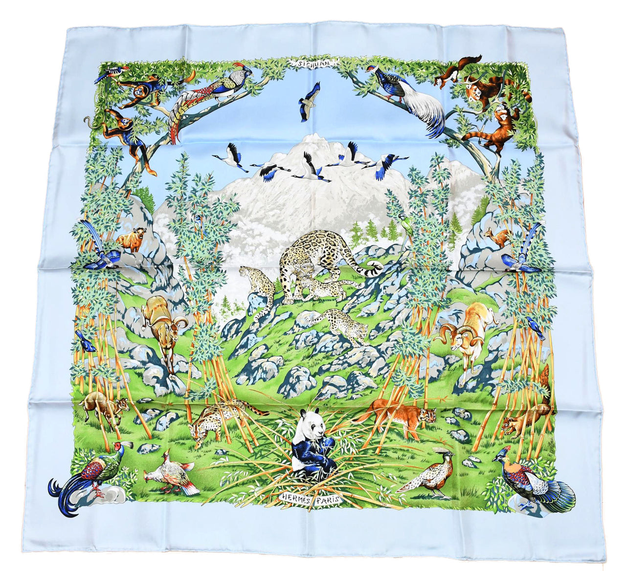 Hermes Scarf SICHUAN 90 cm by Robert Dallet cream light blue Carre Panda animal bird