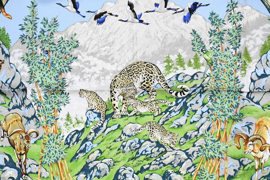 Hermes Scarf SICHUAN 90 cm by Robert Dallet cream light blue Carre Panda animal bird