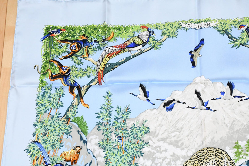 Hermes Scarf SICHUAN 90 cm by Robert Dallet cream light blue Carre Panda animal bird