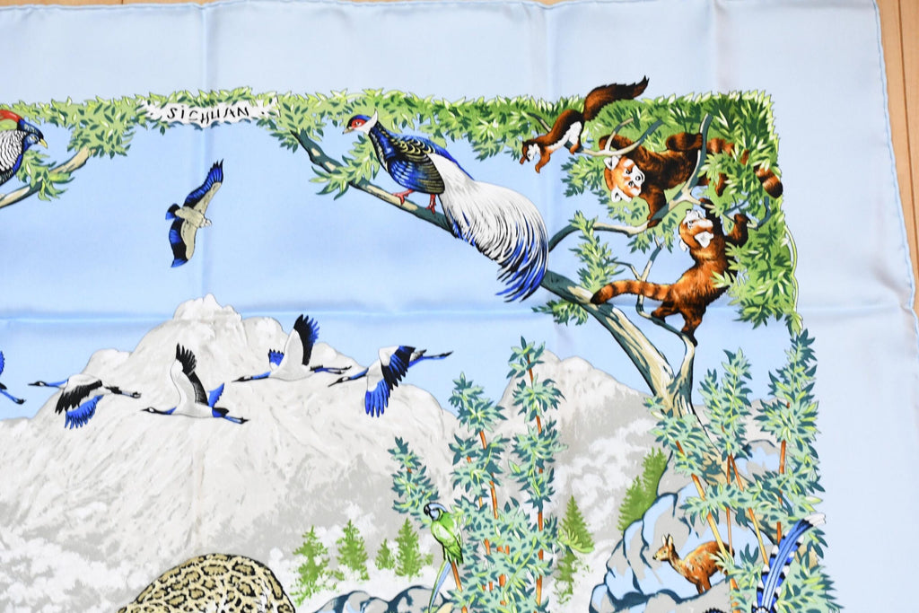 Hermes Scarf SICHUAN 90 cm by Robert Dallet cream light blue Carre Panda animal bird