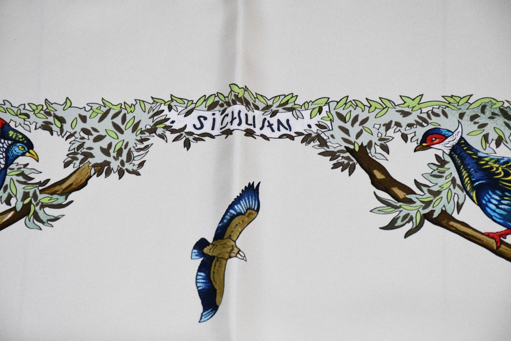 Hermes Scarf SICHUAN 90 cm by Robert Dallet cream white Carre Panda animal bird