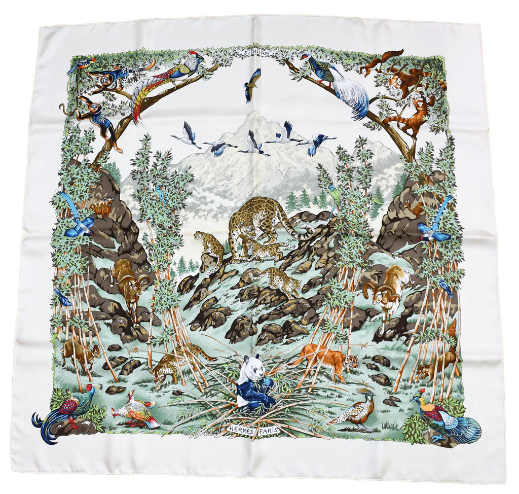 Hermes Scarf SICHUAN 90 cm by Robert Dallet cream white Carre Panda animal bird