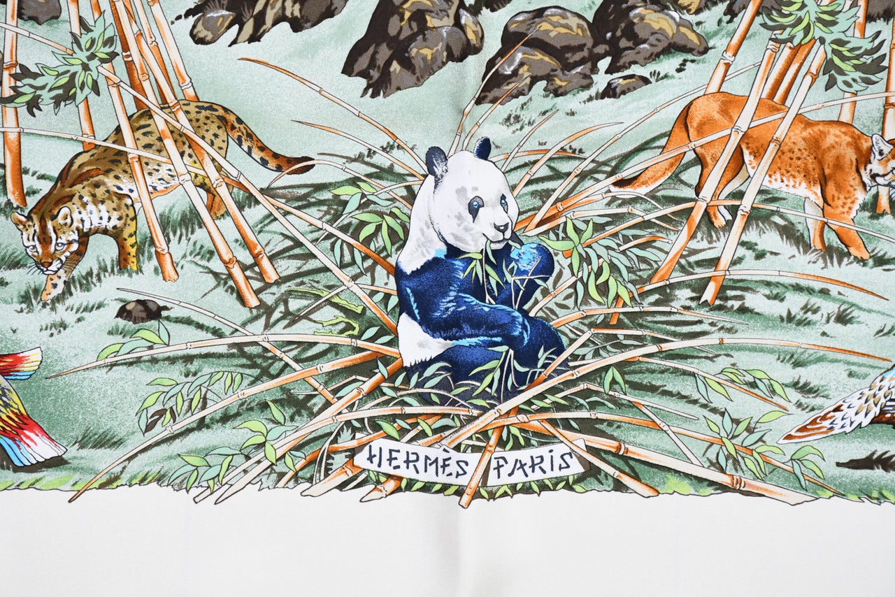 Hermes Scarf SICHUAN 90 cm by Robert Dallet cream white Carre Panda animal bird