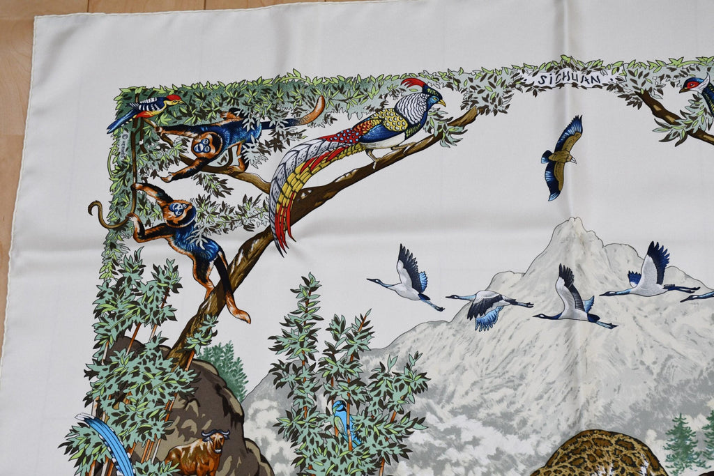 Hermes Scarf SICHUAN 90 cm by Robert Dallet cream white Carre Panda animal bird