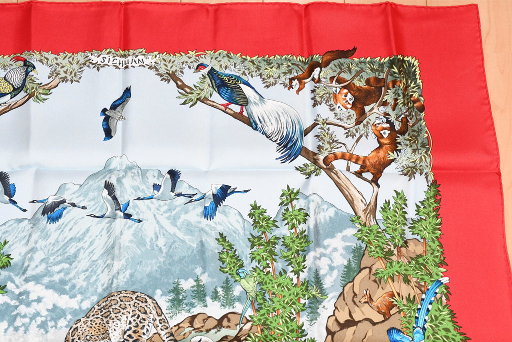 Hermes Scarf SICHUAN 90 cm by Robert Dallet red Carre Panda animal bird 35"