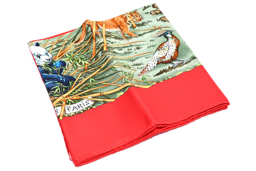 Hermes Scarf SICHUAN 90 cm by Robert Dallet red Carre Panda animal bird 35"