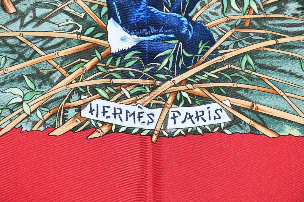 Hermes Scarf SICHUAN 90 cm by Robert Dallet red Carre Panda animal bird 35"