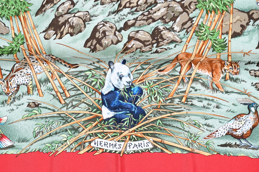 Hermes Scarf SICHUAN 90 cm by Robert Dallet red Carre Panda animal bird 35"